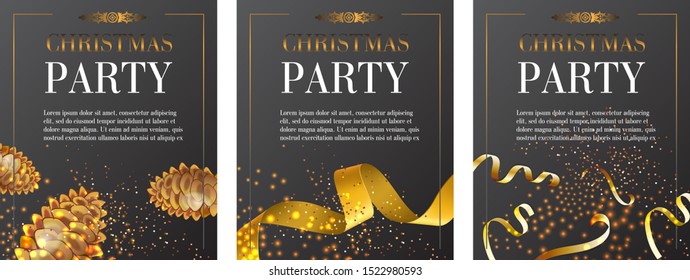 Christmas Party invitation poster set with text sample in frame, fir cones, golden ribbon, streamer, confetti on black background. Vector illustration for festive leaflet, banners, flyers