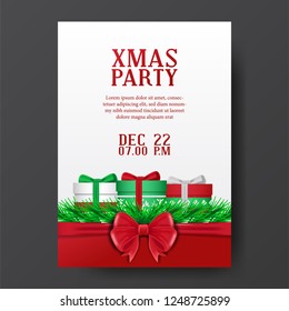 Christmas party invitation poster template with garland decoration and red ribbon and gift box present on the white and red background. vector illustration.
