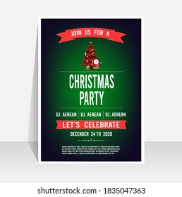 Christmas party invitation poster template with christmas tree, gift and santa claus. Vector illustration Eps 10.