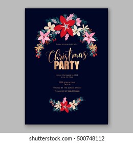 Christmas party invitation poster template with romantic winter wreath of red poinsettia flowers, pine and fir branch on blue background
