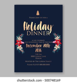 Christmas party invitation poster template with romantic winter wreath of red poinsettia flowers, pine and fir branch on blue background