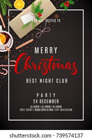 Christmas Party Invitation Poster. Top view on Festive Decoration. Holiday Composition with Paper Gift Box and Confetti on Black Backdrop. Greeting Card with Lettering. Vector Illustration.