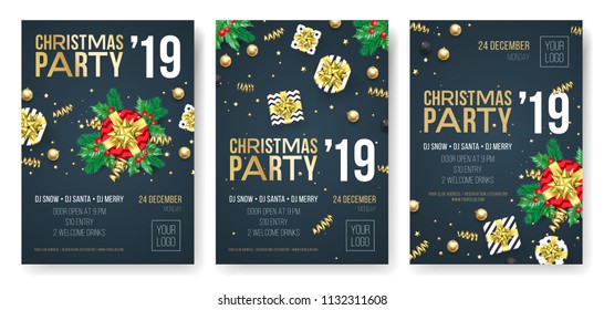 Christmas party invitation posters or cards for 2019 Happy New Year holiday celebration event. Vector new year gifts and golden stars of confetti glitter on black background