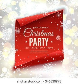 Christmas Party Invitation. Red, Curved, Paper Banner On Winter Background With Snow And Snowflakes. Bokeh Circles.  Vector Illustration.