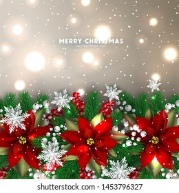 Christmas Party Invitation Red Poinsettia Fir paper cut snowflake snow lights red berry