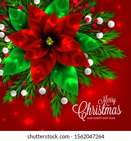 Christmas Party Invitation Red Poinsettia Fir paper cut snowflake snow lights red berry