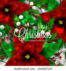 Christmas Party Invitation Red Poinsettia Fir paper cut snowflake snow lights red berry