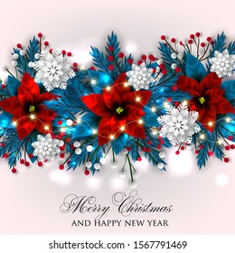Christmas Party Invitation Red Poinsettia Fir paper cut snowflake snow lights red berry