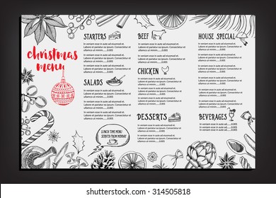 Christmas party invitation restaurant, menu design. Vector template with graphic.