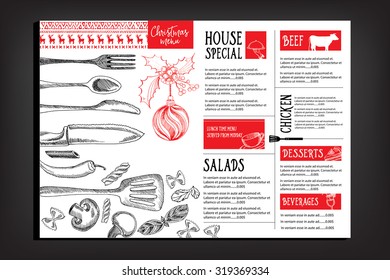Christmas party invitation restaurant, menu design. Vector template with graphic.
