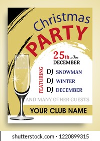 Christmas party invitation retro template with champagne wineglass. New Year background. Vector illustration.