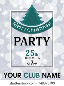 Christmas party invitation retro template background with ribbon and fur-tree. Vector illustration.