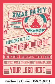 Christmas party invitation retro typography and ornament decoration. Christmas holidays flyer or poster design.