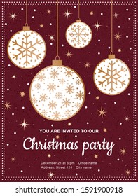 Christmas party invitation retro typography and ornament decoration. Christmas holidays flyer or poster design. Vector illustration design with shiny golden balls and stars. Eps 10.