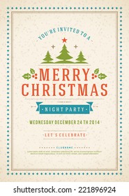 Christmas party invitation retro typography and ornament decoration. Christmas holidays flyer or poster design. Vector illustration Eps 10.