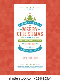 Christmas party invitation retro typography and ornament decoration. Christmas holidays flyer or poster design. Vector illustration.