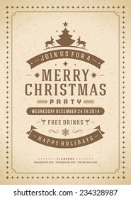 Christmas party invitation retro typography and ornament decoration. Christmas holidays flyer or poster design. Vector illustration Eps 10.