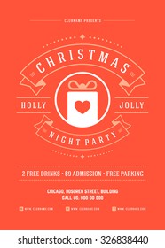 Christmas party invitation retro typography and ornament decoration. Christmas holidays flyer or poster design. Vector illustration.