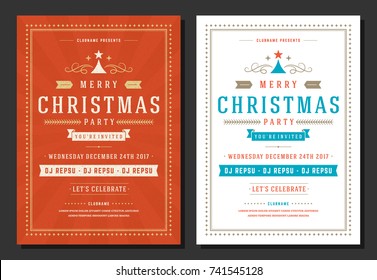 Christmas party invitation retro typography and decoration elements. Christmas holidays flyer or poster design. Vector illustration.