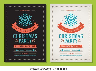 Christmas party invitation retro typography and decoration elements. Christmas holidays flyer or poster design. Vector illustration.