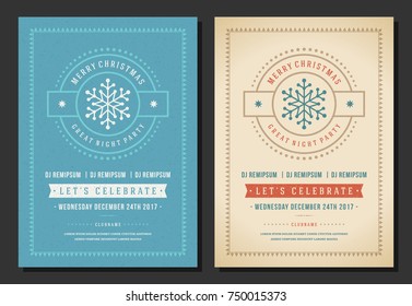Christmas party invitation retro typography and decoration elements. Christmas holidays flyer or poster design. Vector illustration.