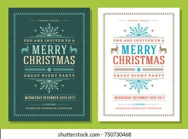 Christmas party invitation retro typography and decoration elements. Christmas holidays flyer or poster design. Vector illustration.