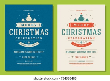 Christmas party invitation retro typography and decoration elements. Christmas holidays flyer or poster design. Vector illustration.