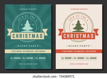 Christmas party invitation retro typography and decoration elements. Christmas holidays flyer or poster design. Vector illustration.