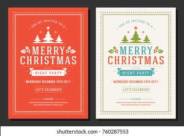 Christmas party invitation retro typography and decoration elements. Christmas holidays flyer or poster design. Vector illustration.