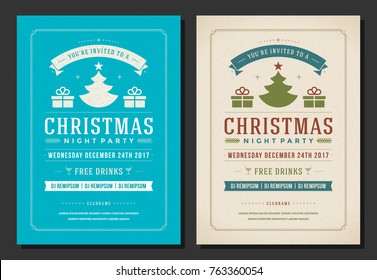 Christmas party invitation retro typography and decoration elements. Christmas holidays flyer or poster design. Vector illustration.