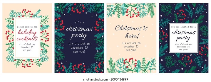 Christmas party invitation set. Collection of hand-drawn vector templates. Seasonal cliparts - branches of pine, spruce, fir, rose hips with red berries. Floral frame with copy space, festive concept.