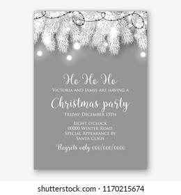 Christmas party invitation silver fir tree light garland Winter holiday floral background of pine fir branches