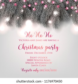 Christmas Party invitation silver Fir pine tree branches light garland Winter holiday greeting card