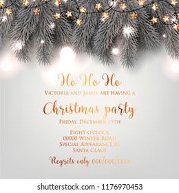 Christmas Party Invitation Silver Fir Pine Tree Branches Light Garland Winter Holiday Greeting Card