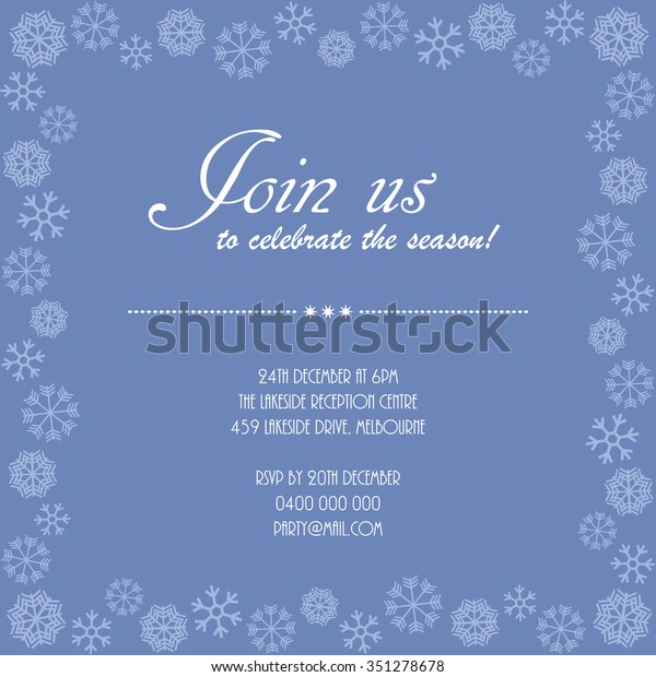 Christmas party\
invitation with snowflake border. Join us to celebrate the season!\
White text on a lilac\
background.