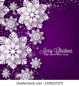 Christmas Party invitation snowflake paper cut on dark violet background 3d origami vector winter vector template greeting card