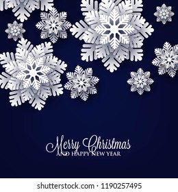 Christmas Party invitation snowflake paper cut on dark navy blue background 3d origami vector winter vector template greeting card