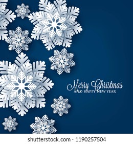 Christmas Party invitation snowflake paper cut on dark navy blue background 3d origami vector winter vector template greeting card