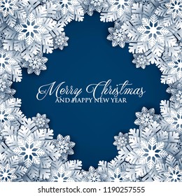 Christmas Party invitation snowflake paper cut on dark navy blue background 3d origami vector winter vector template greeting card