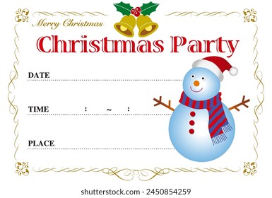 Christmas party invitation with a snowman wearing a Santa Claus hat