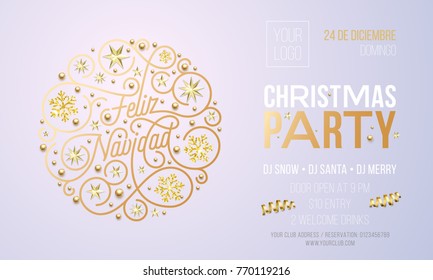 Christmas party invitation for Spanish Feliz Navidad holiday celebration design template. Vector New Year or Xmas corporate party invitation flyer of golden snowflake decoration on white background