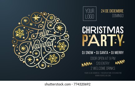 Christmas party invitation for Spanish Feliz Navidad holiday celebration design template. Vector New Year or Xmas corporate party invitation flyer of golden snowflake decoration on black background