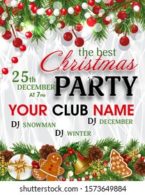 Christmas Party invitation template. Background for Xmas, New Year with decorations fir branches, holly berries, cones, Christmas tree, gingerbread cookies, golden bells and gift box. Vector