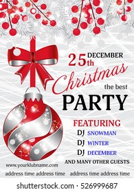 Christmas party invitation template background with white fir branches and red berry and red ball with bow. Vector illustration.