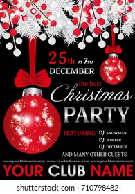 Christmas party invitation template black background with fir white branches and berry and red balls with bow. Vector illustration.