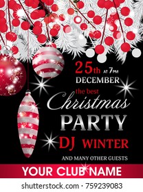 Christmas party invitation template black background with fir white branches and holly berry and red baubles. Vector illustration.