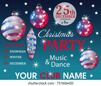 Christmas party invitation template blue background with baubles in the colors of the American flag. Vector illustration.