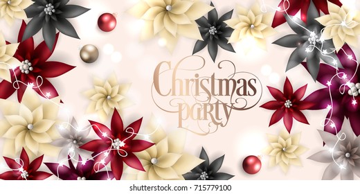 Christmas Party Invitation Template Card with Winter flowers of Poinsettia