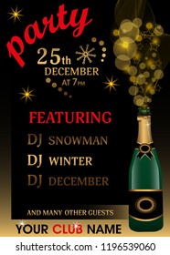 Christmas party invitation template with champagne bottle and golden glitter. New Year background. Vector illustration.