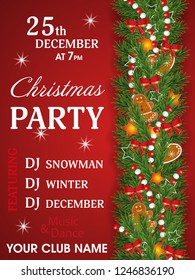 Christmas Party invitation template decorated garland and border of realistic looking Christmas tree branches with Berries, stars and Gingerbread cookies, beads. Vector illustration.
